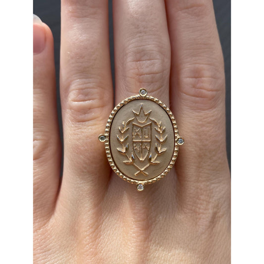 Vintage Solid 14k Yellow Gold Diamond Crest Signet Ring - Size 7.75