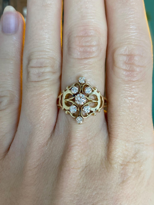 Vintage Solid 14k Yellow Gold Diamond Open Work Ring - Size 6.5