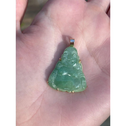 Vintage Solid 14k Yellow Gold Carved Jade Buddah Charm