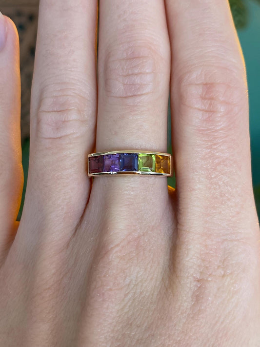 Vintage Solid 14k Yellow Gold Tourmaline Amethyst Tanzanite Citrine Peridot Ring - Size 6.5