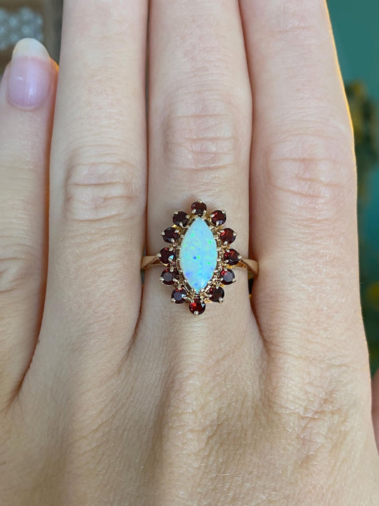 Vintage Solid 10k Yellow Gold Garnet Halo Marquis Opal Ring - Size 8.5