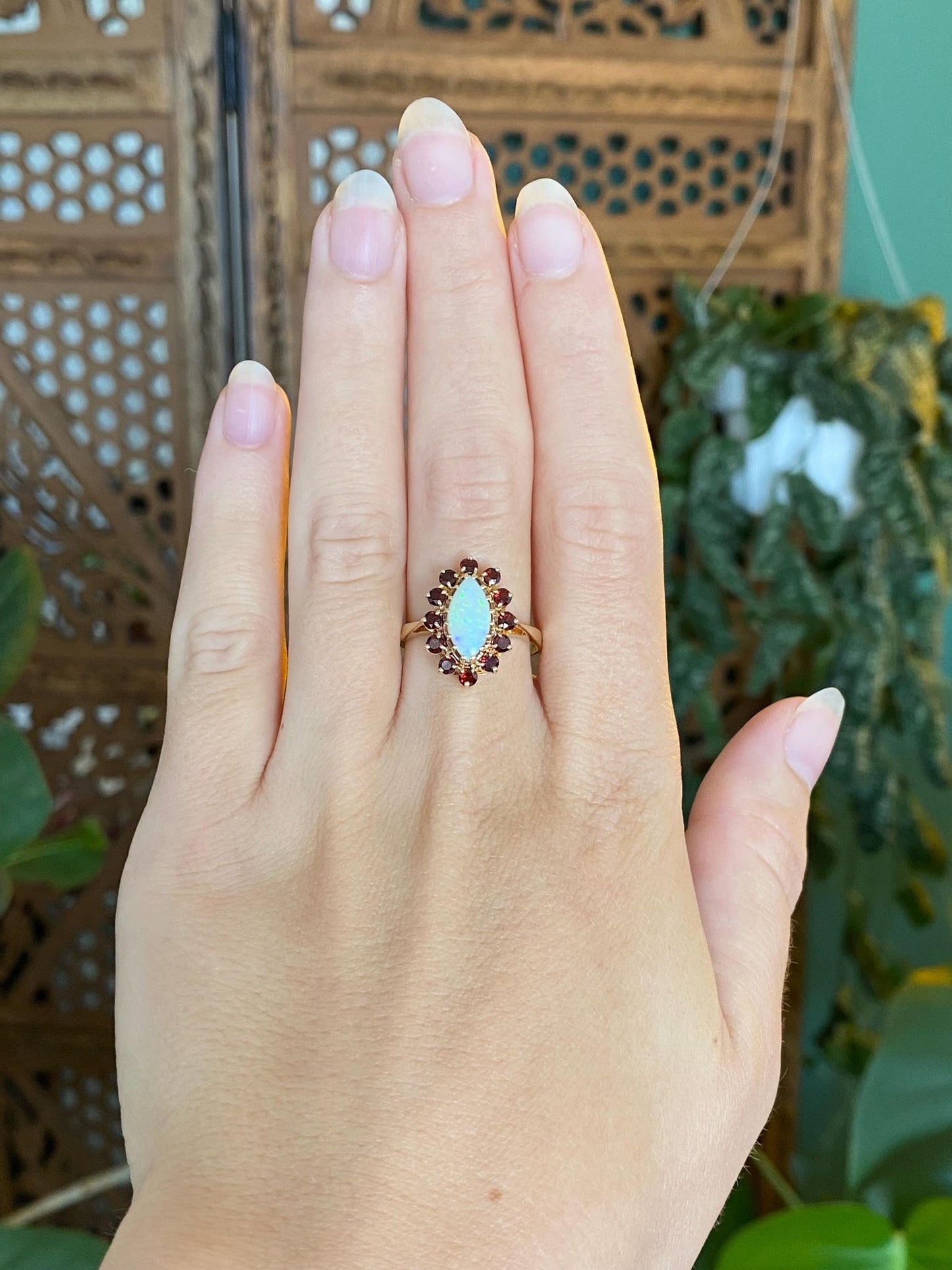 Vintage Solid 10k Yellow Gold Garnet Halo Marquis Opal Ring - Size 8.5