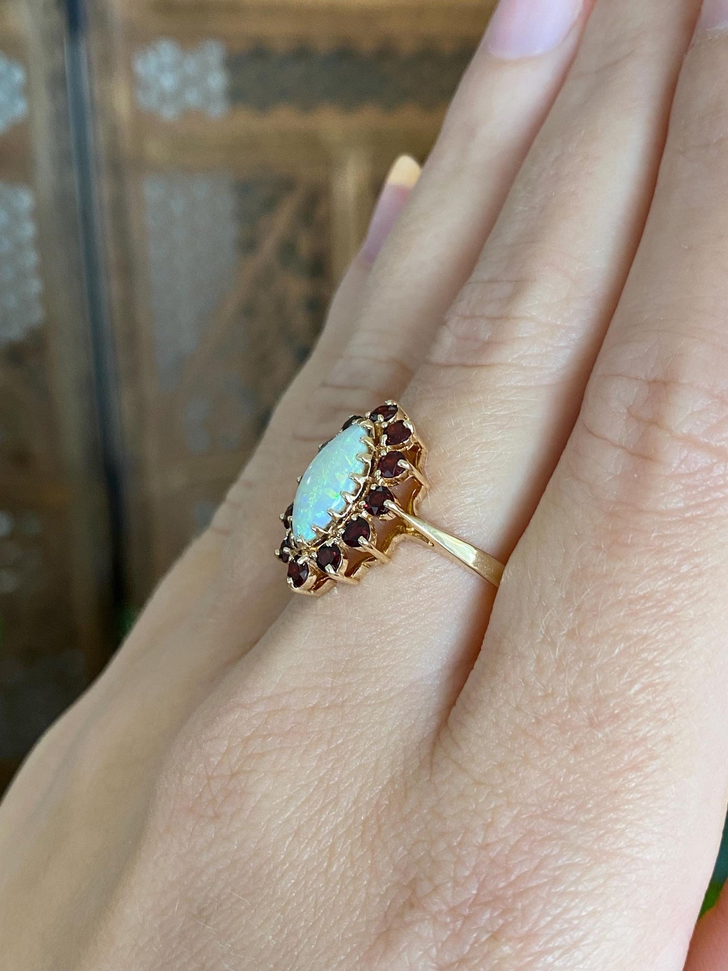 Vintage Solid 10k Yellow Gold Garnet Halo Marquis Opal Ring - Size 8.5