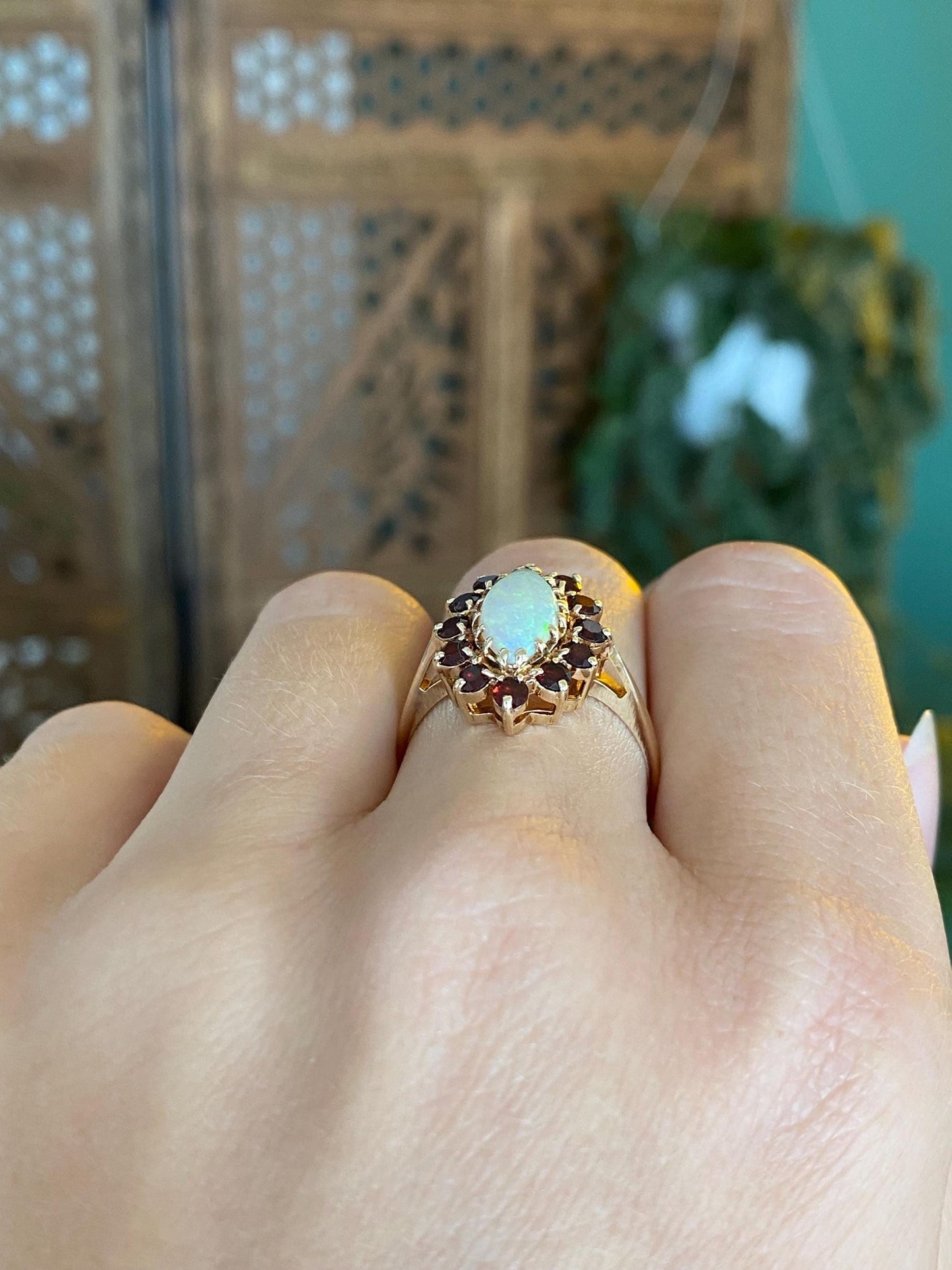 Vintage Solid 10k Yellow Gold Garnet Halo Marquis Opal Ring - Size 8.5