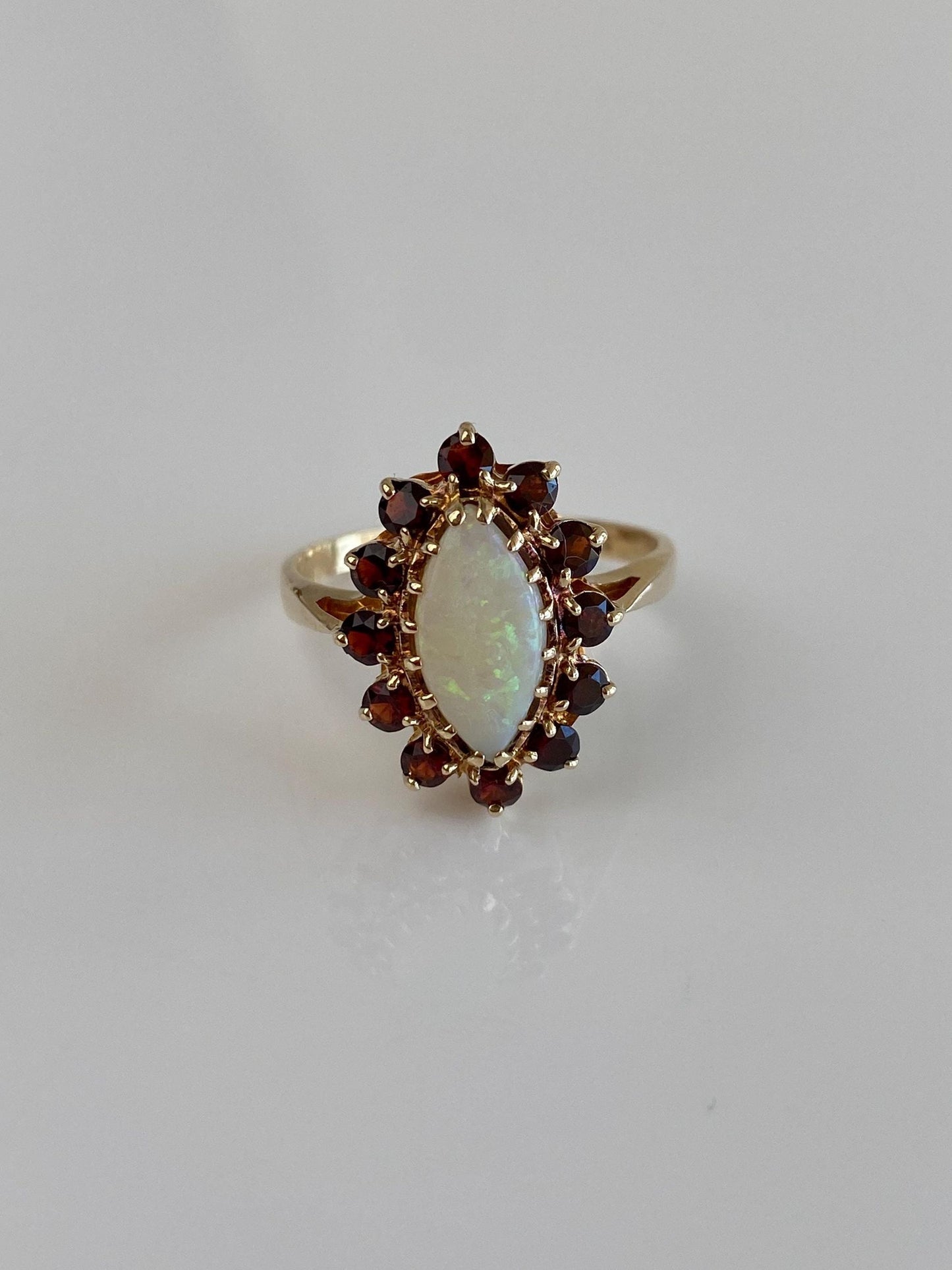 Vintage Solid 10k Yellow Gold Garnet Halo Marquis Opal Ring - Size 8.5