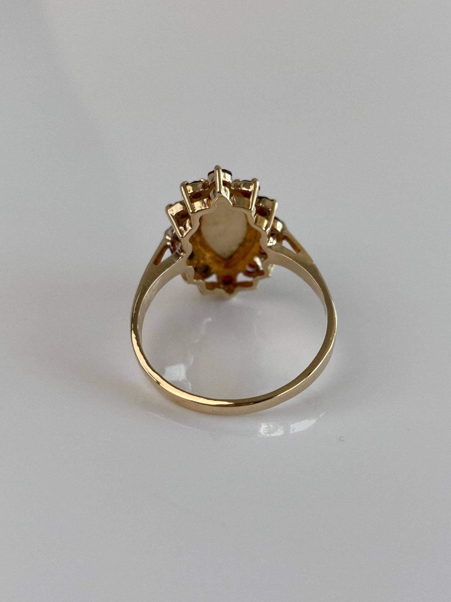Vintage Solid 10k Yellow Gold Garnet Halo Marquis Opal Ring - Size 8.5