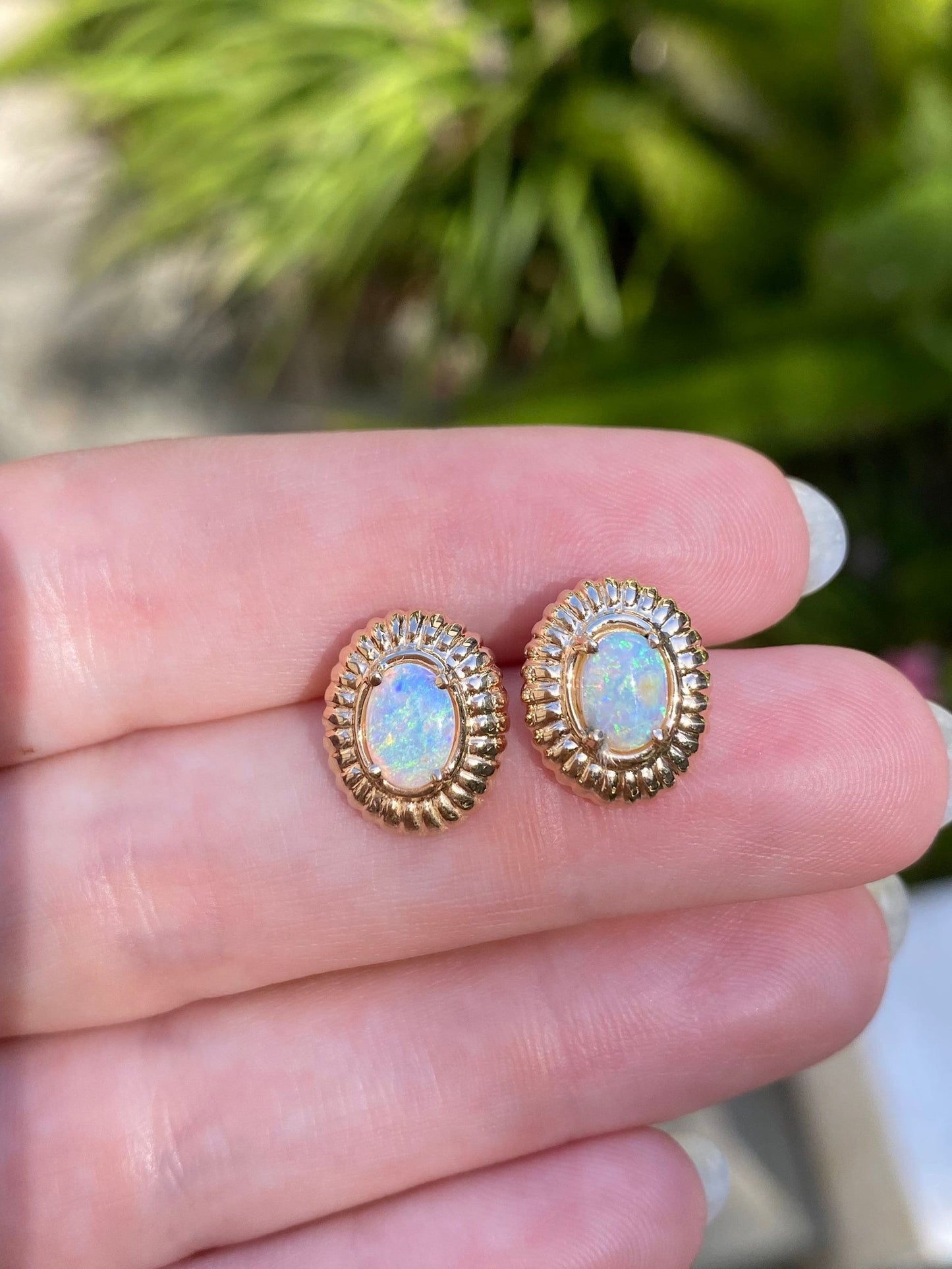 Vintage Solid 14k Yellow Gold Opal Stud Earrings