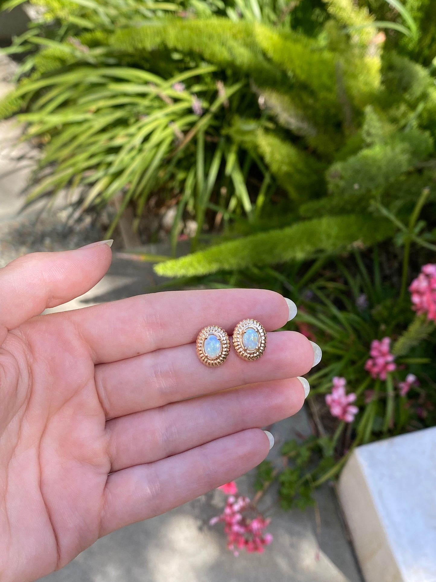 Vintage Solid 14k Yellow Gold Opal Stud Earrings