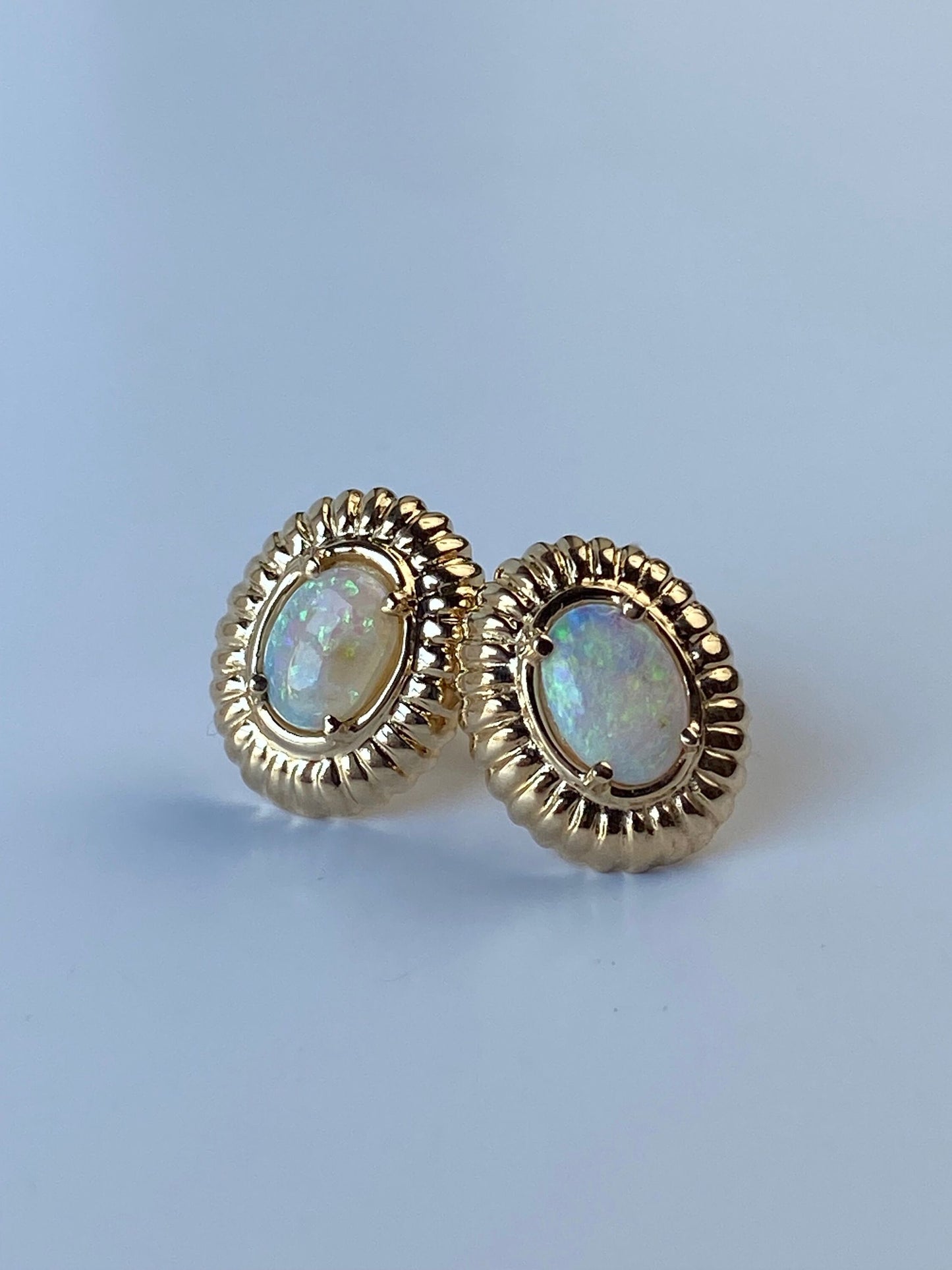 Vintage Solid 14k Yellow Gold Opal Stud Earrings