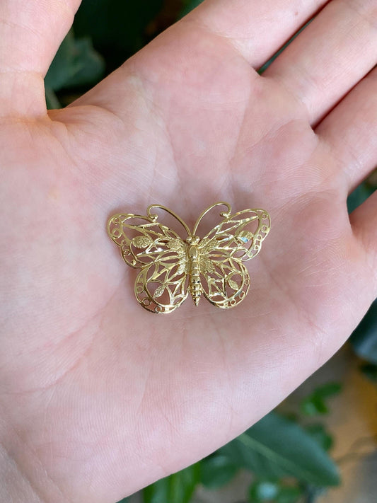 Vintage Solid 14k Yellow Gold Diamond Cut Butterfly Brooch Pin
