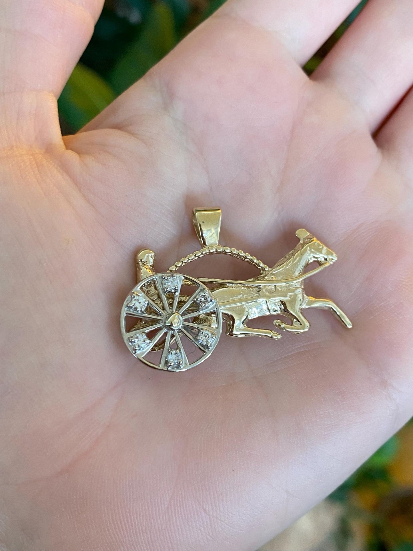 Vintage Solid 14k White & Yellow Gold Articulated Diamond Horse Carriage Charm