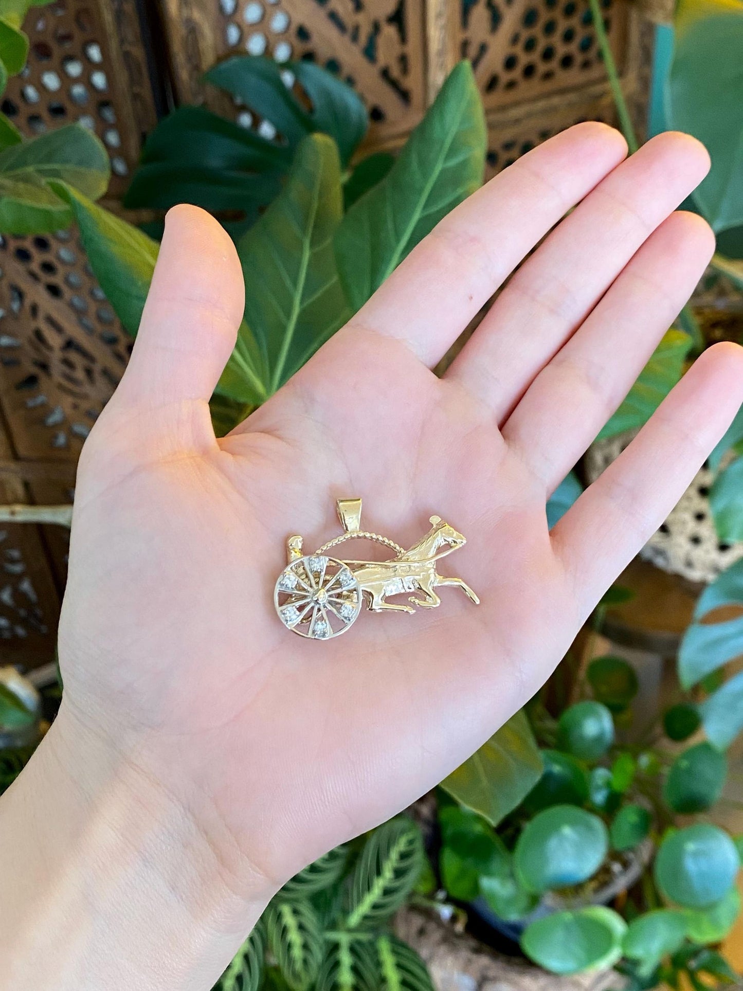 Vintage Solid 14k White & Yellow Gold Articulated Diamond Horse Carriage Charm