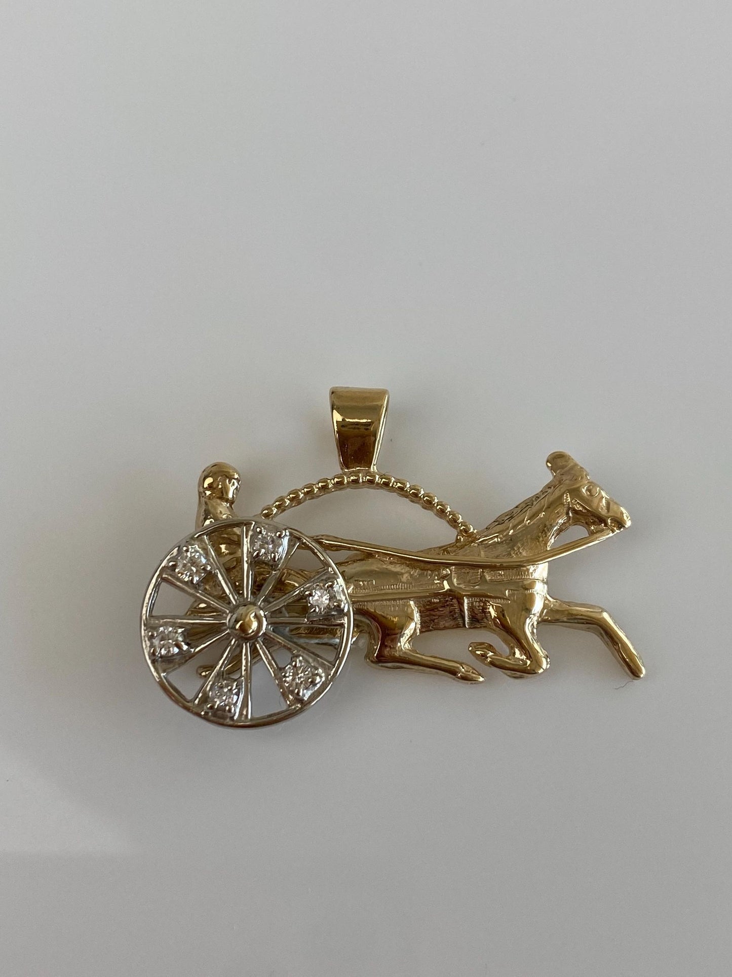 Vintage Solid 14k White & Yellow Gold Articulated Diamond Horse Carriage Charm