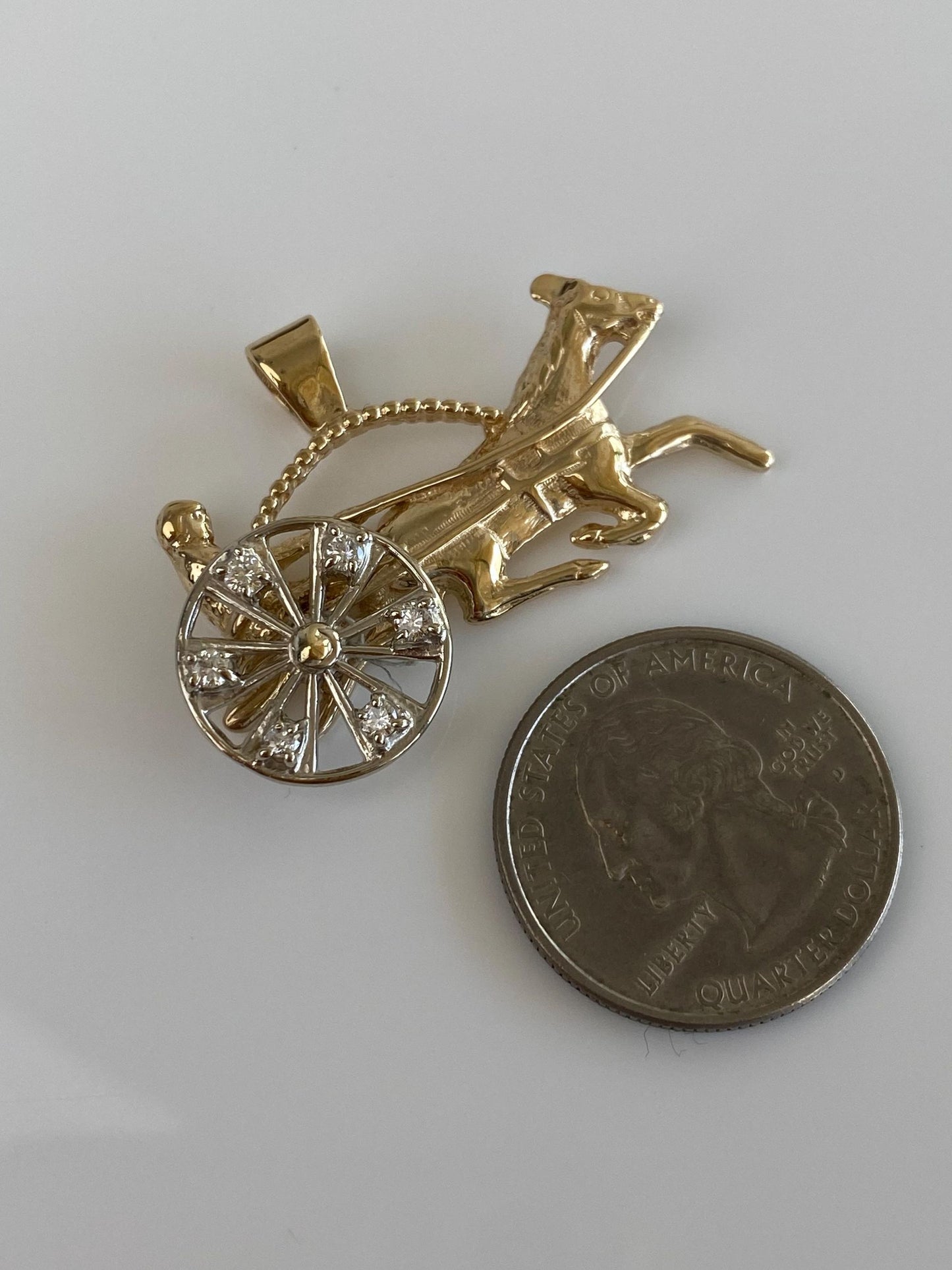 Vintage Solid 14k White & Yellow Gold Articulated Diamond Horse Carriage Charm