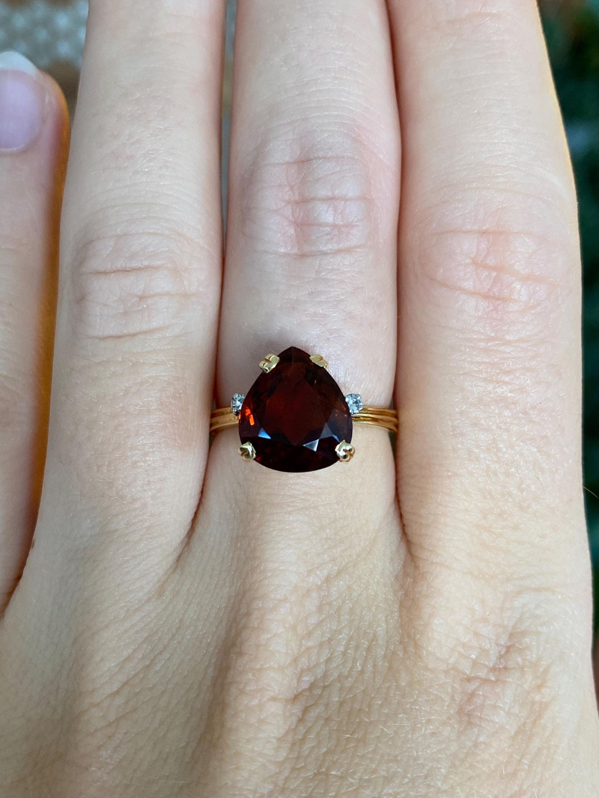 Vintage Solid 18k Yellow Gold Diamonds Dark Citrine Ring - Size 6.5