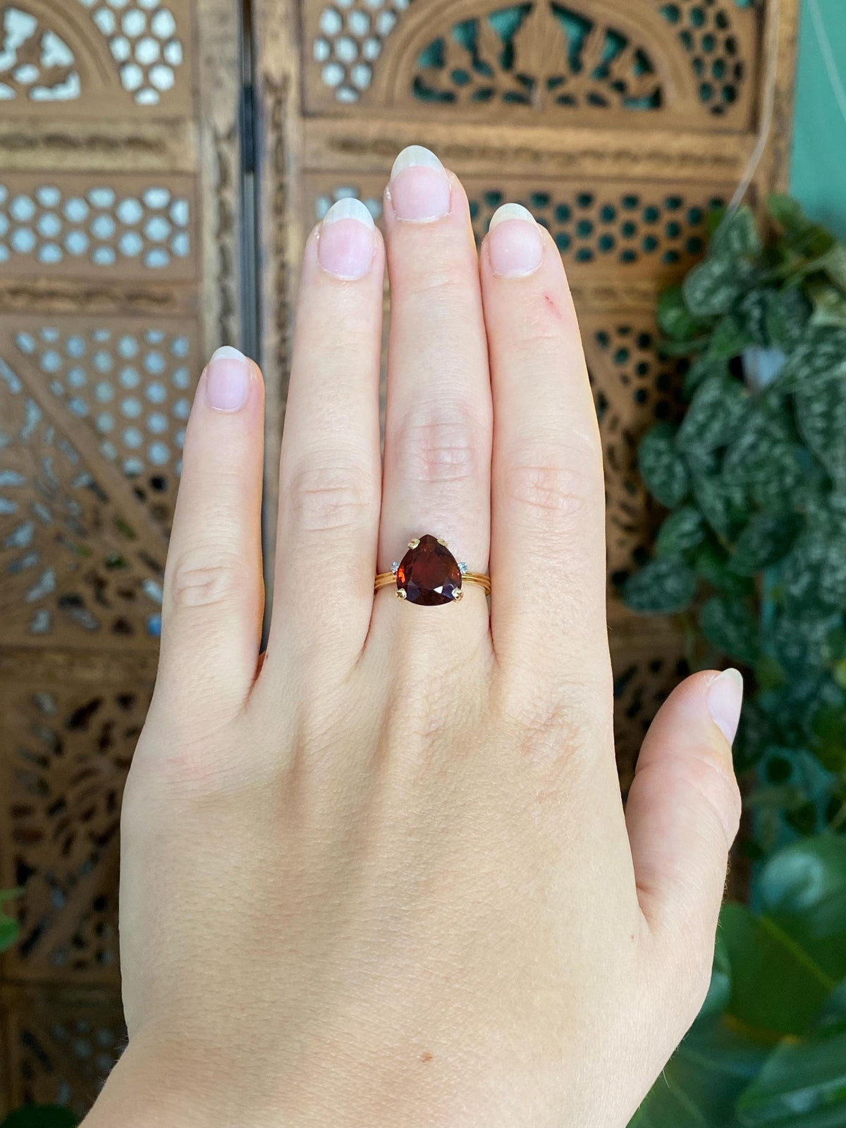 Vintage Solid 18k Yellow Gold Diamonds Dark Citrine Ring - Size 6.5