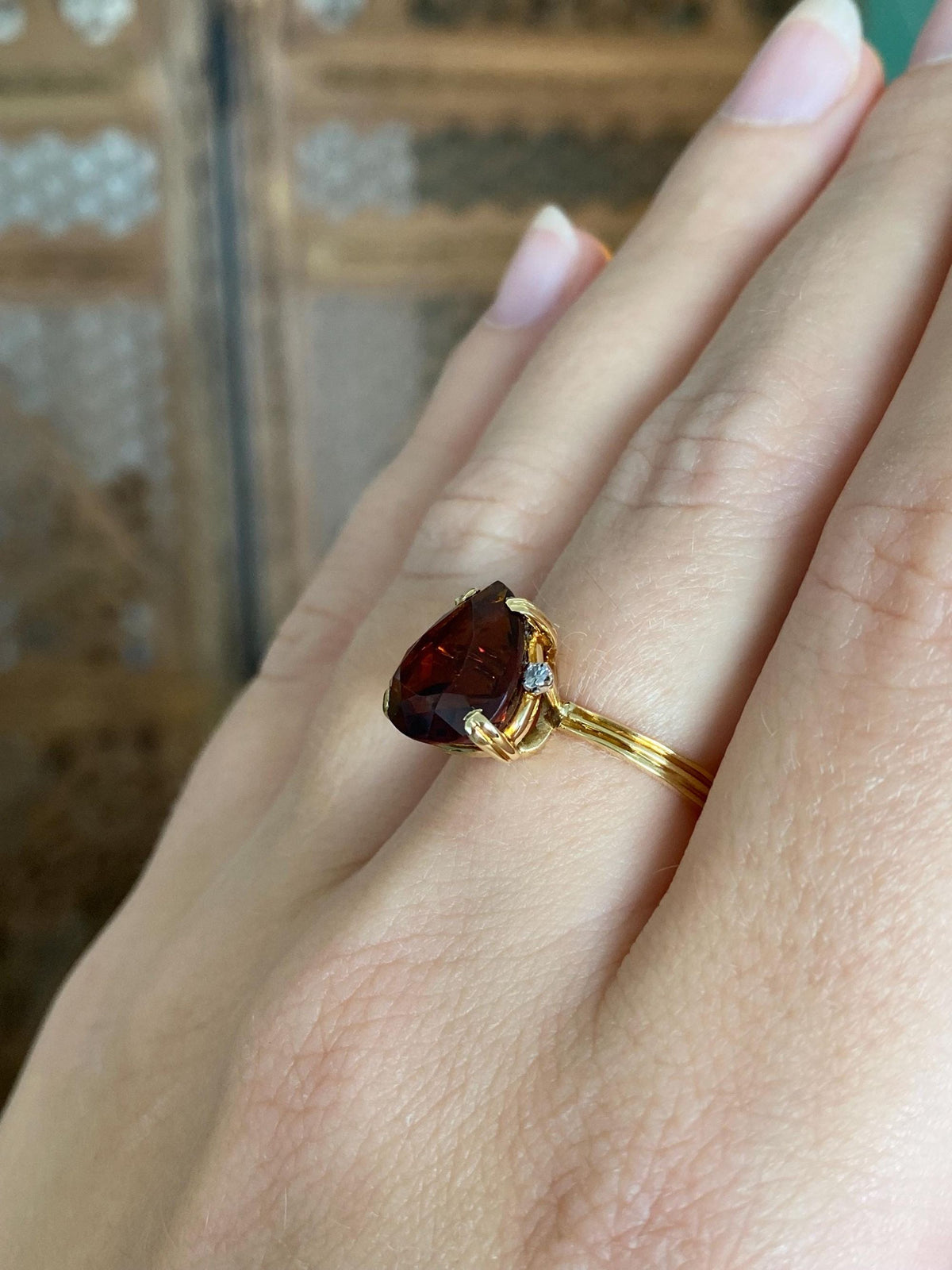 Vintage Solid 18k Yellow Gold Diamonds Dark Citrine Ring - Size 6.5