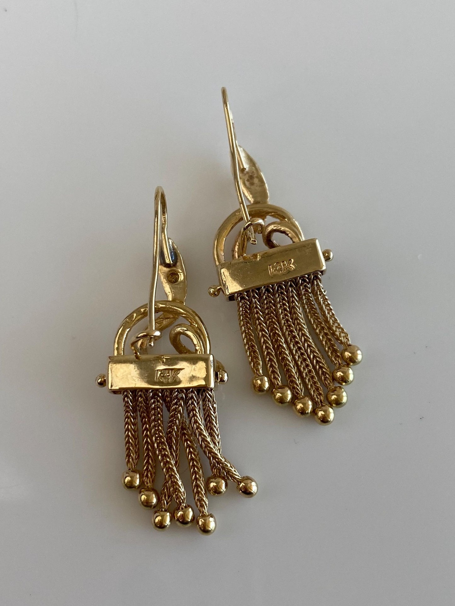 Vintage Solid 14k Yellow Gold Turquoise Eyes Coiled Snake Wheat Chain Fringe Drop Earrings