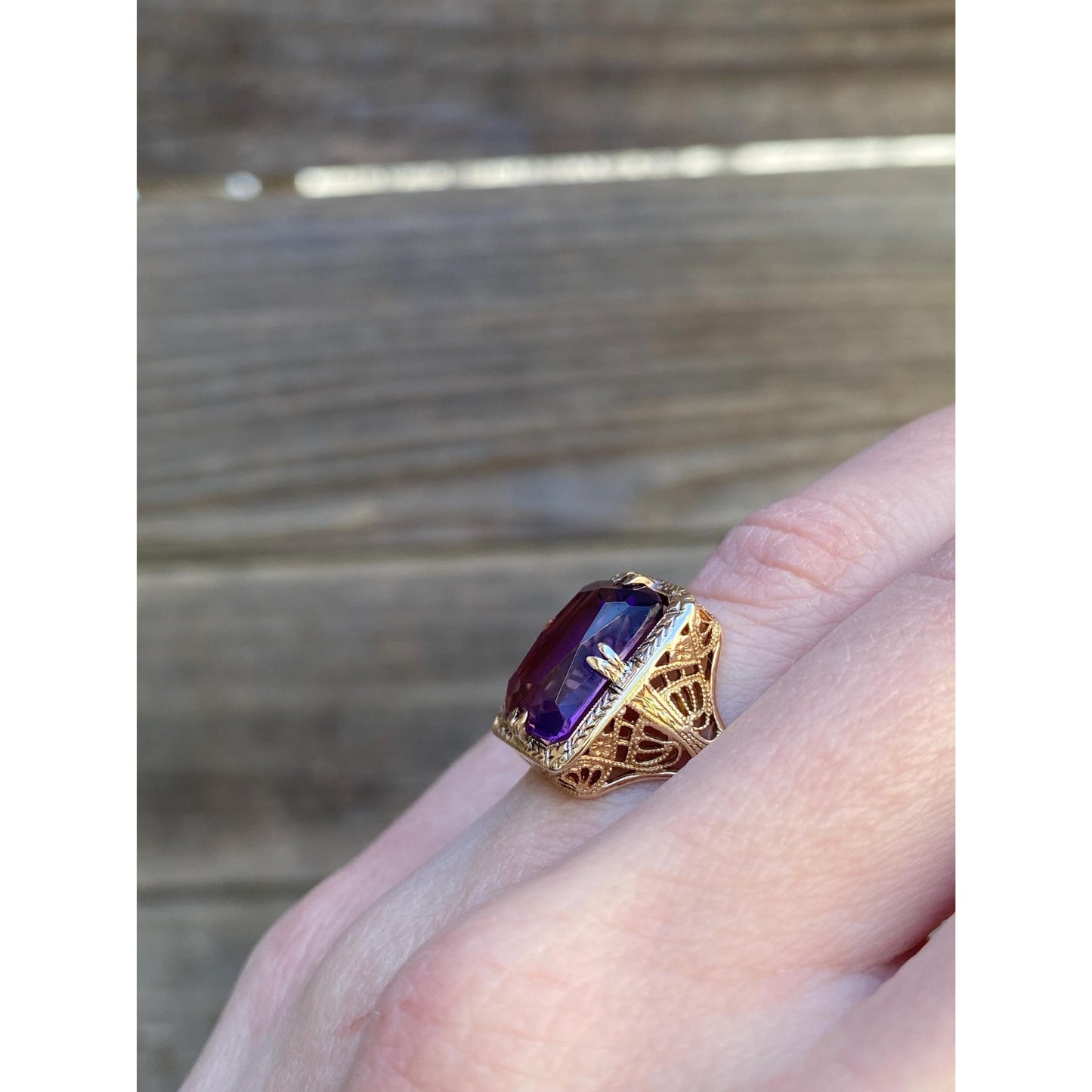 Vintage Solid 14k Yellow Gold Purple Cubic Zirconia Art Deco Style Ring - Size 5.25