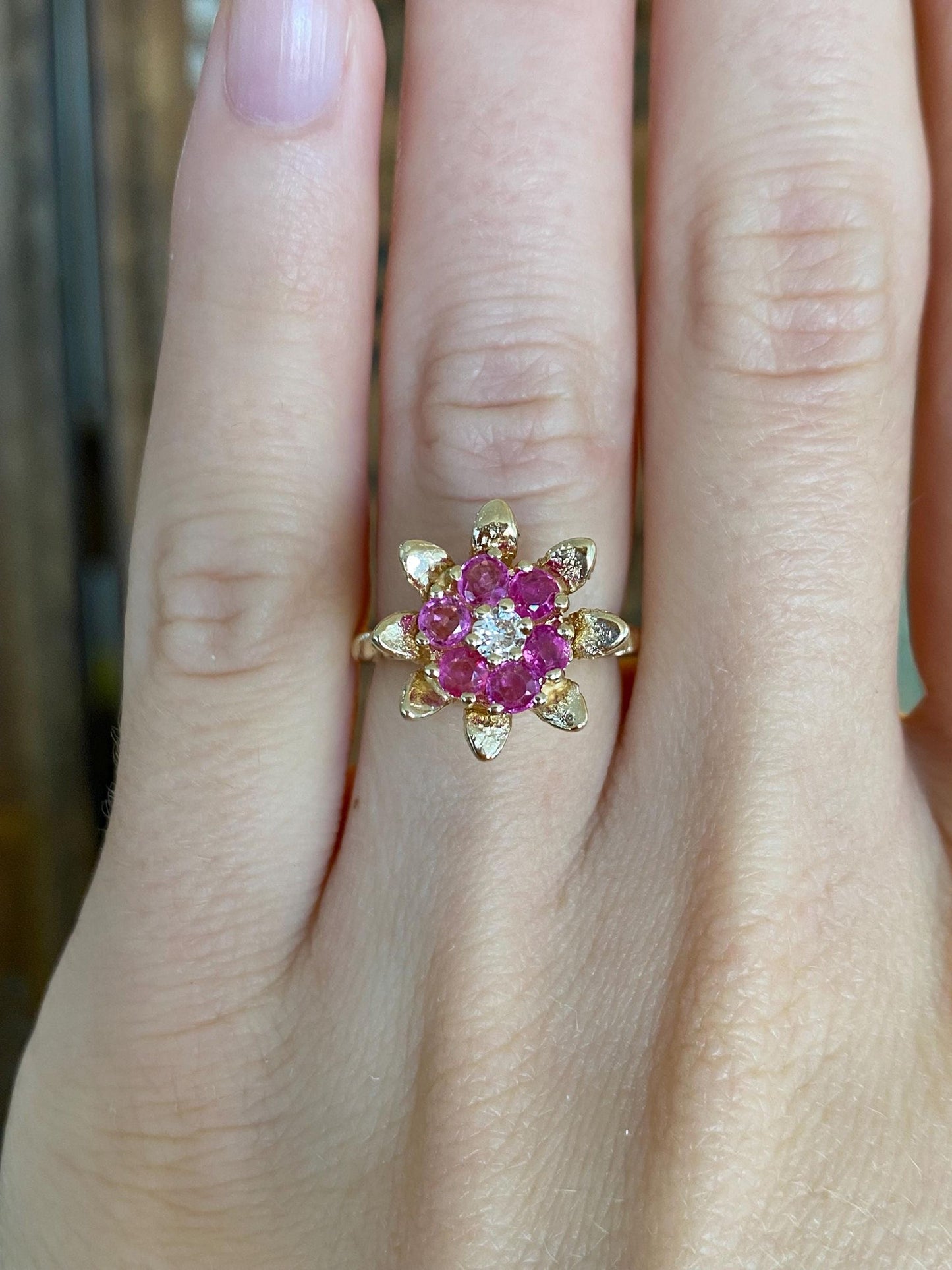 Vintage Solid 12k Yellow Gold Diamond Pink Sapphire Halo Flower Ring - Size 4.5