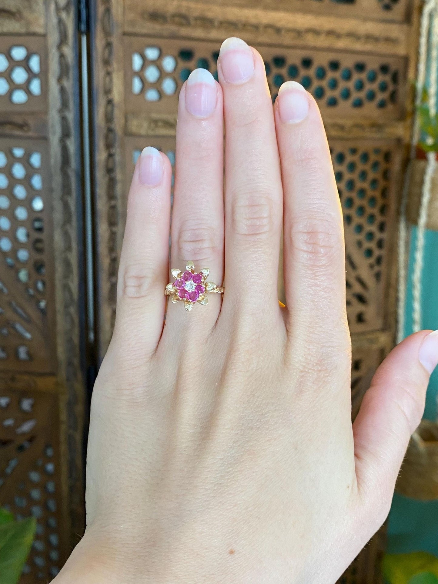 Vintage Solid 12k Yellow Gold Diamond Pink Sapphire Halo Flower Ring - Size 4.5