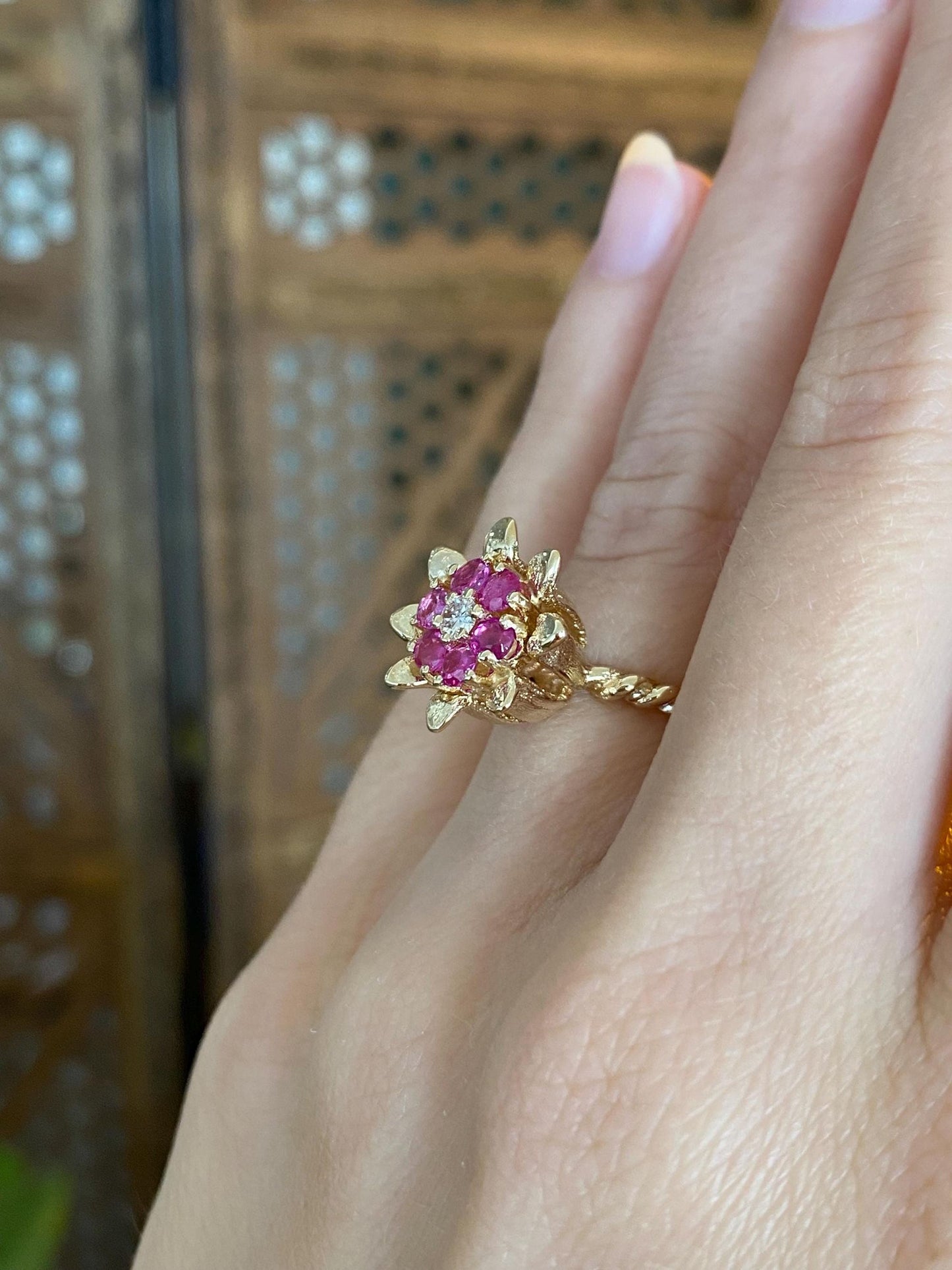 Vintage Solid 12k Yellow Gold Diamond Pink Sapphire Halo Flower Ring - Size 4.5