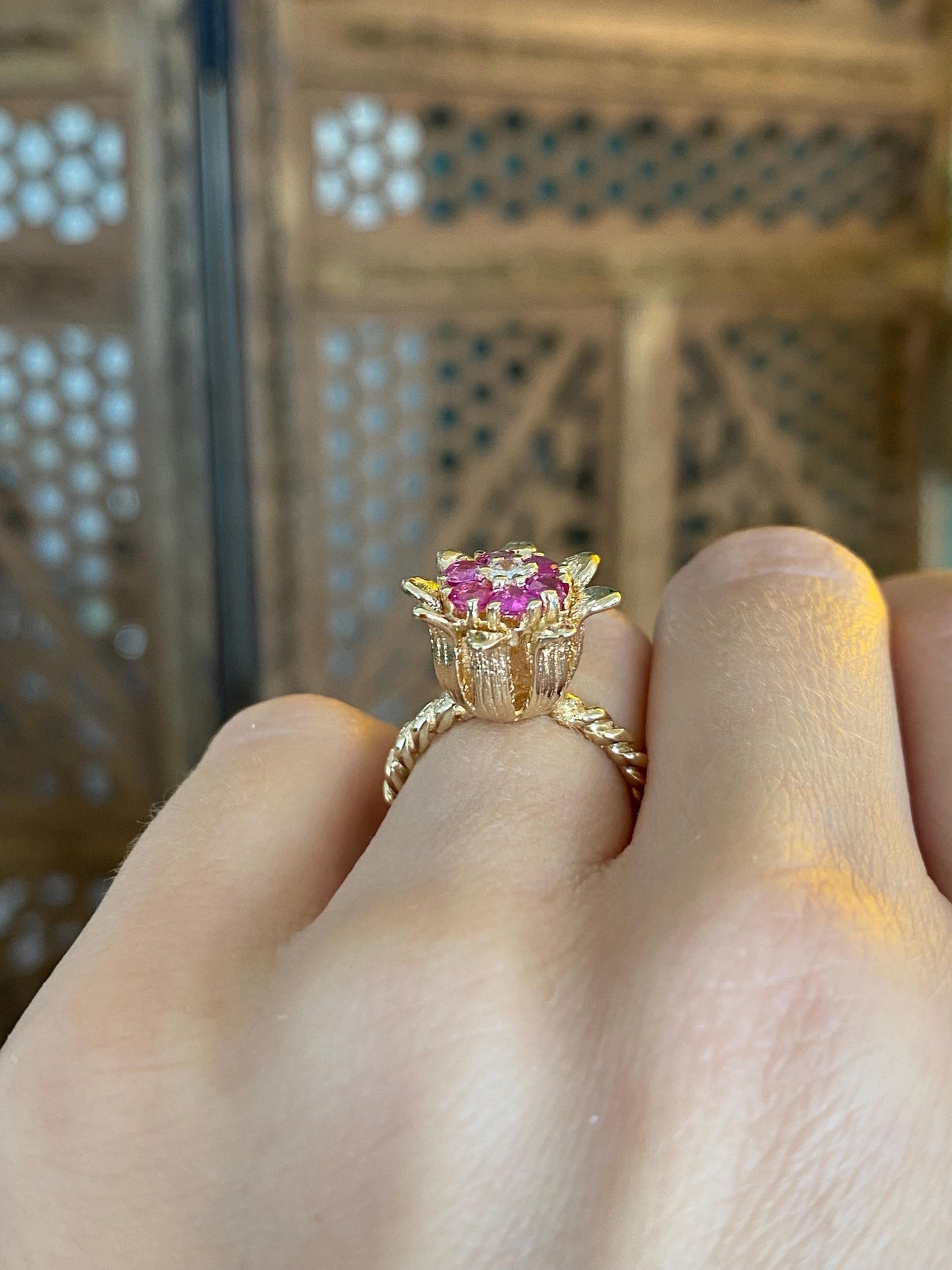 Vintage Solid 12k Yellow Gold Diamond Pink Sapphire Halo Flower Ring - Size 4.5
