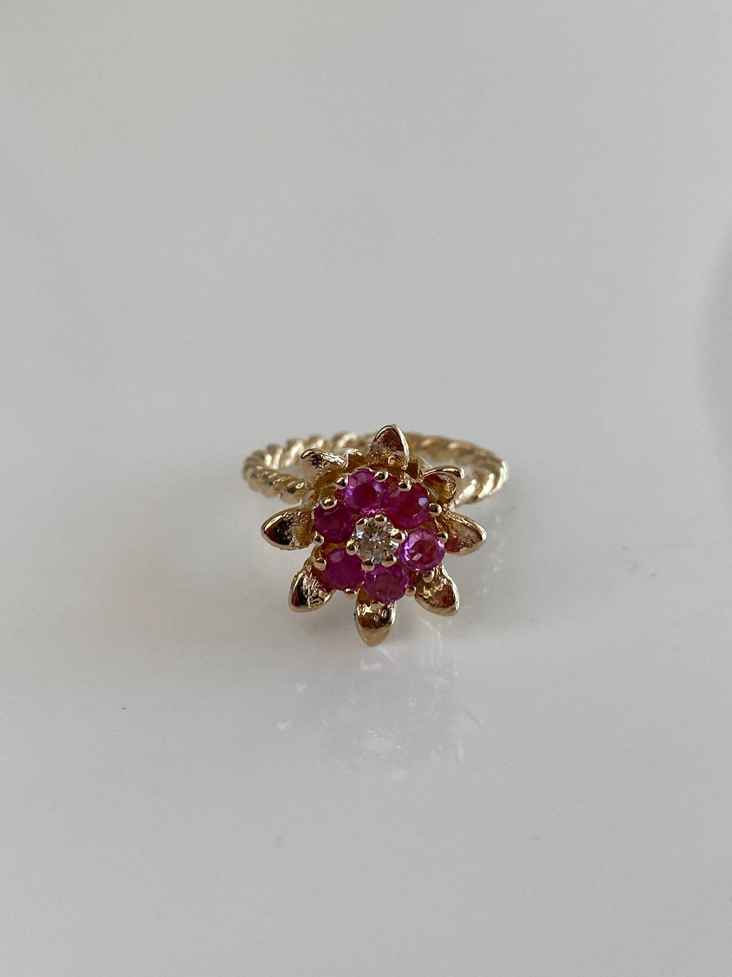 Vintage Solid 12k Yellow Gold Diamond Pink Sapphire Halo Flower Ring - Size 4.5