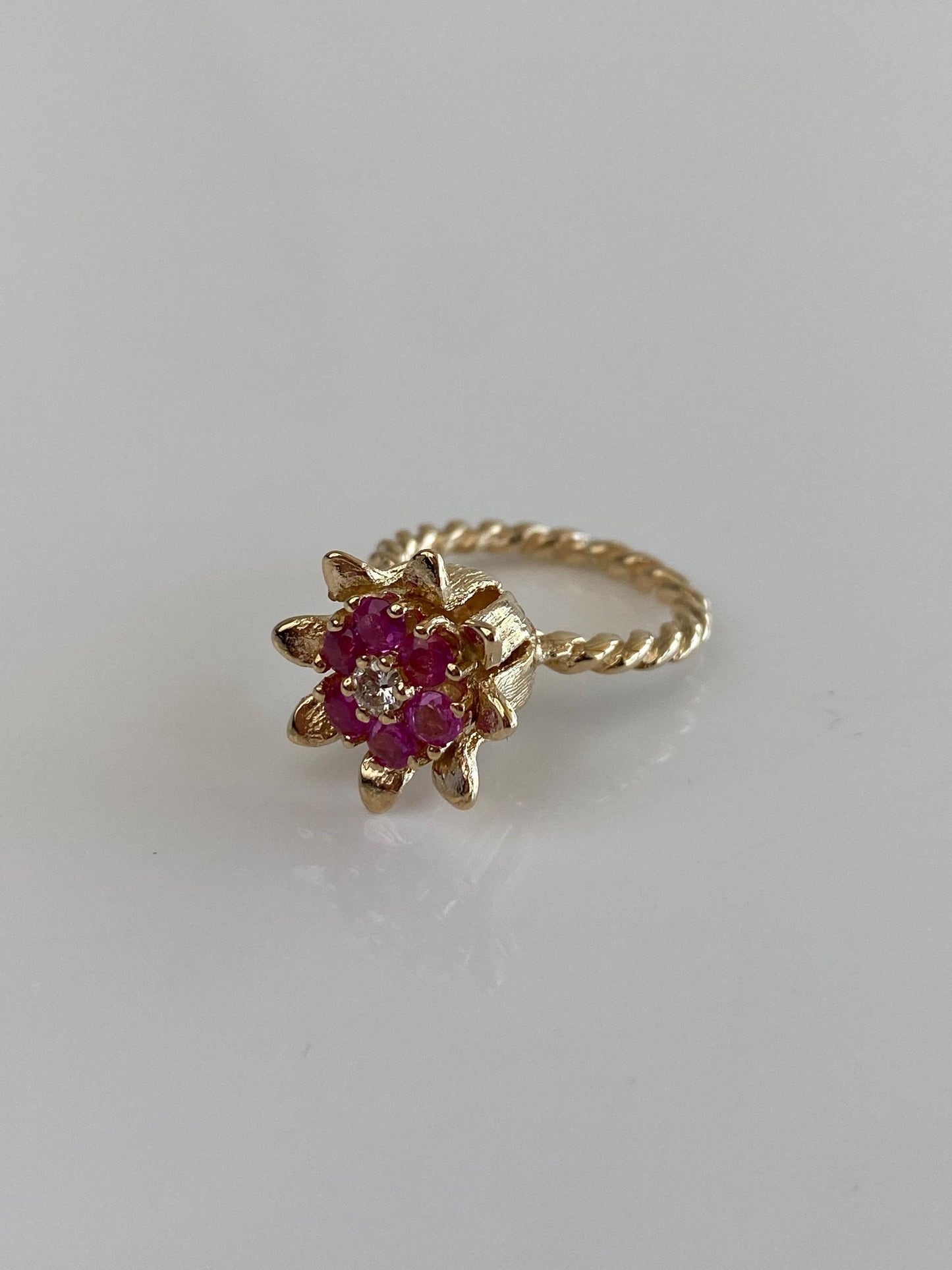 Vintage Solid 12k Yellow Gold Diamond Pink Sapphire Halo Flower Ring - Size 4.5