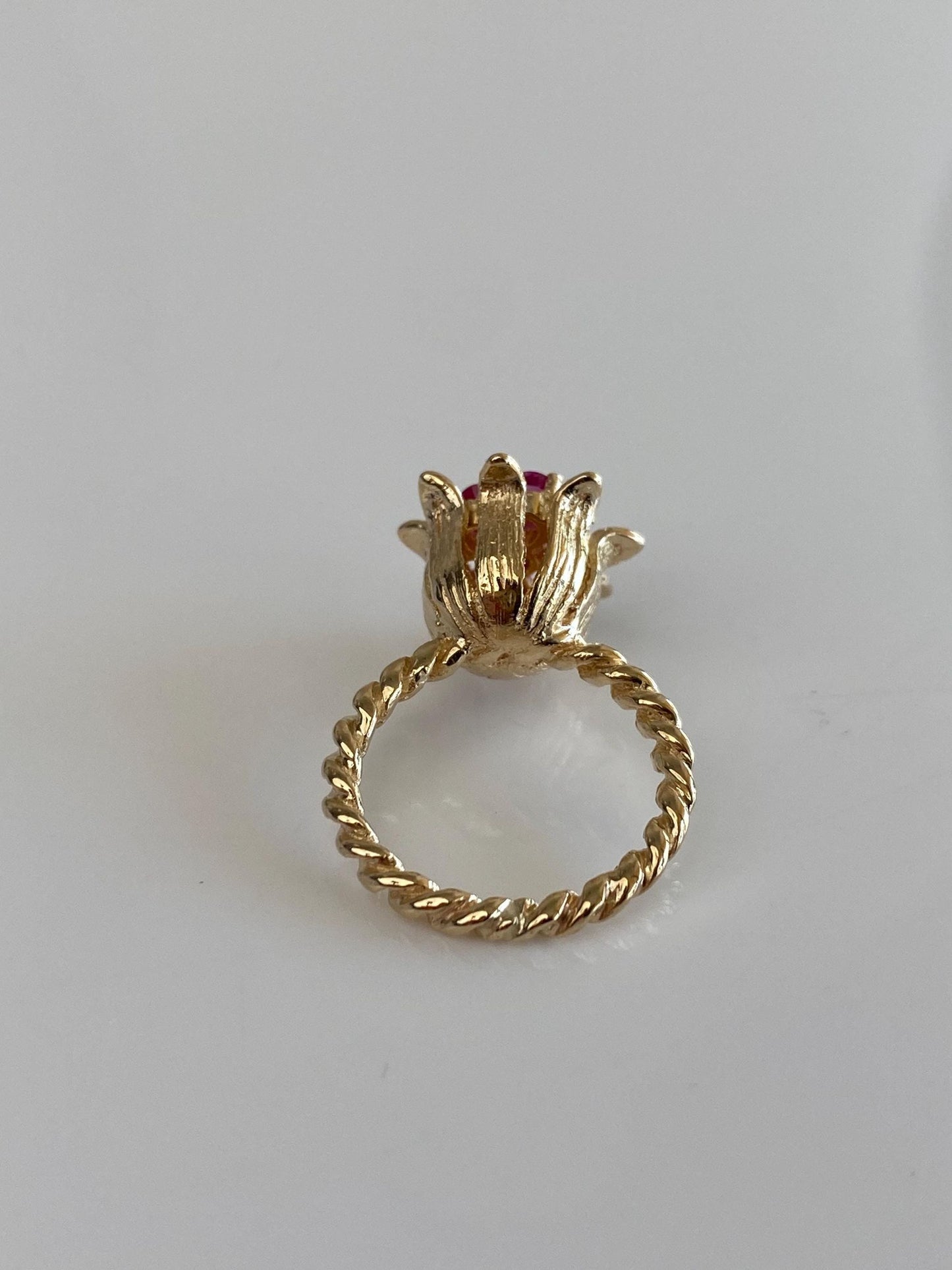 Vintage Solid 12k Yellow Gold Diamond Pink Sapphire Halo Flower Ring - Size 4.5