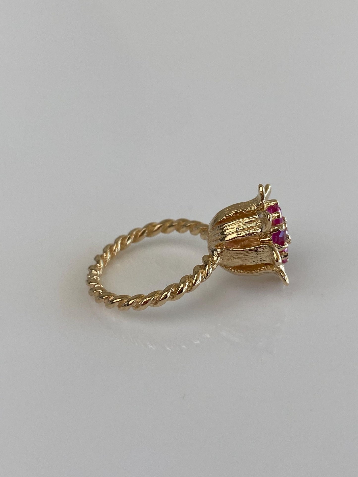 Vintage Solid 12k Yellow Gold Diamond Pink Sapphire Halo Flower Ring - Size 4.5
