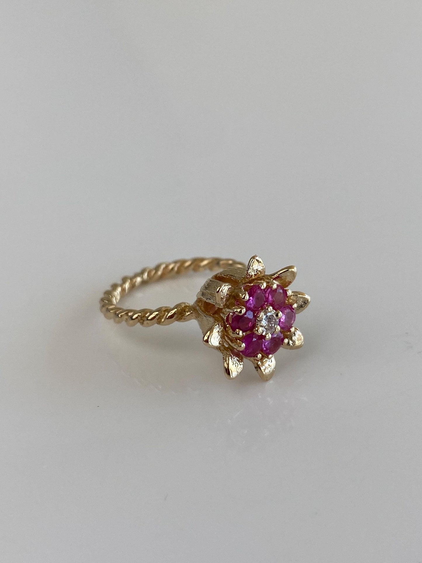 Vintage Solid 12k Yellow Gold Diamond Pink Sapphire Halo Flower Ring - Size 4.5