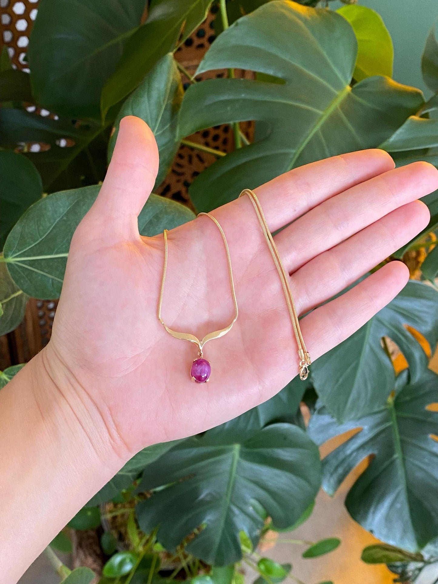 Vintage Solid 14k Yellow Gold Pink Sapphire Snake Chain Necklace - 16.75 inches