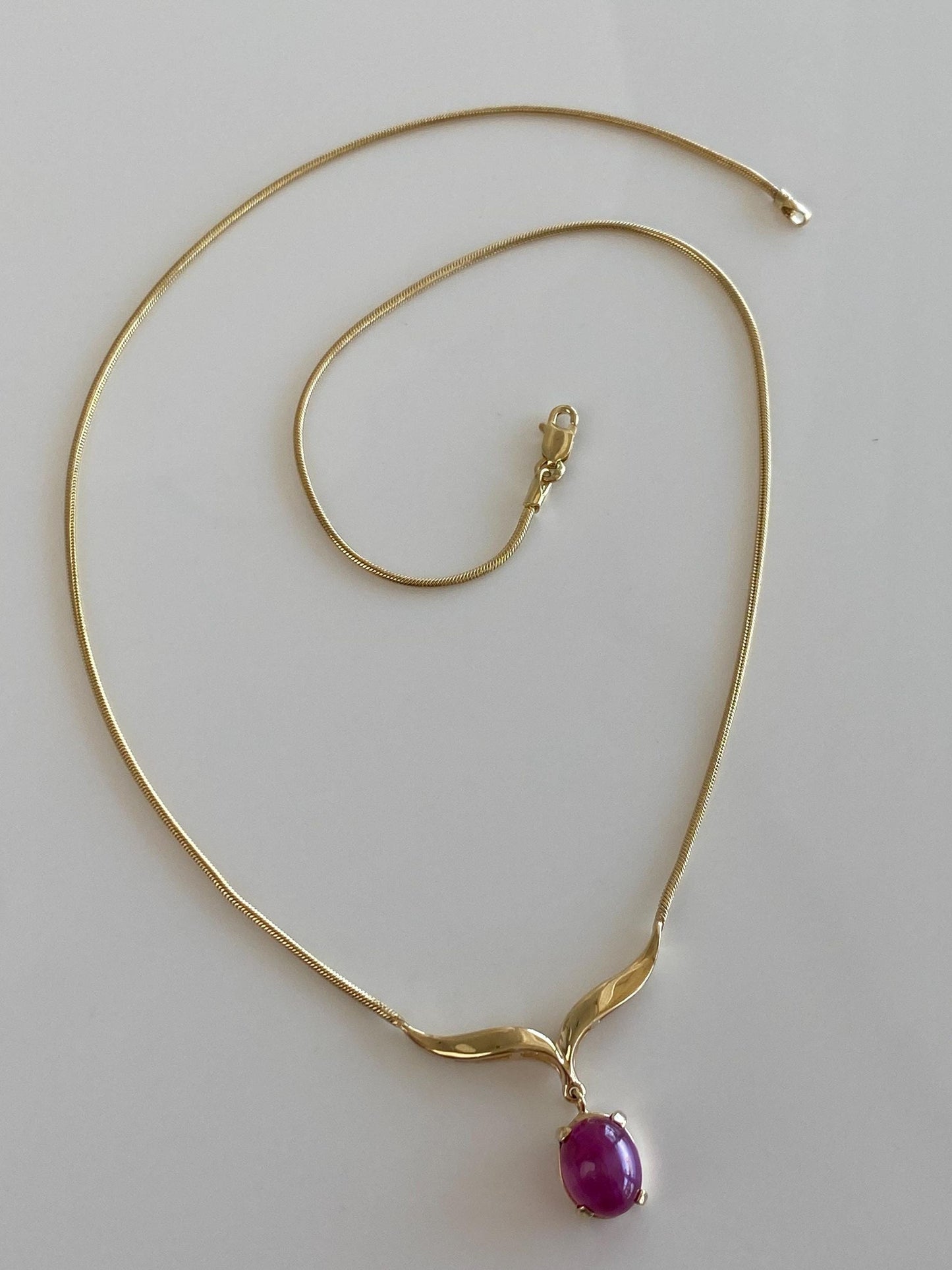 Vintage Solid 14k Yellow Gold Pink Sapphire Snake Chain Necklace - 16.75 inches