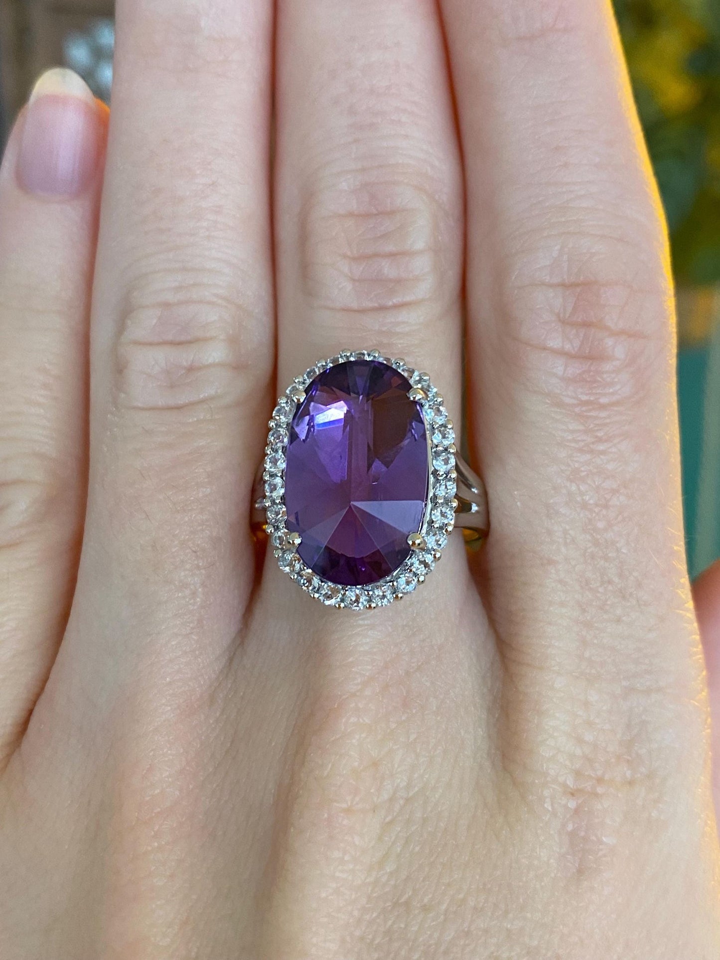 Vintage Solid 14k White Gold Clear Spinel Halo Amethyst Ring - Size 9