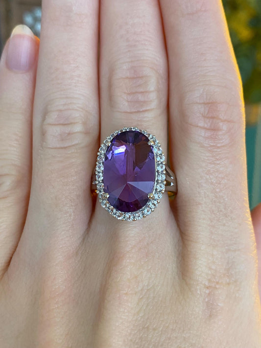 Vintage Solid 14k White Gold Clear Spinel Halo Amethyst Ring - Size 9