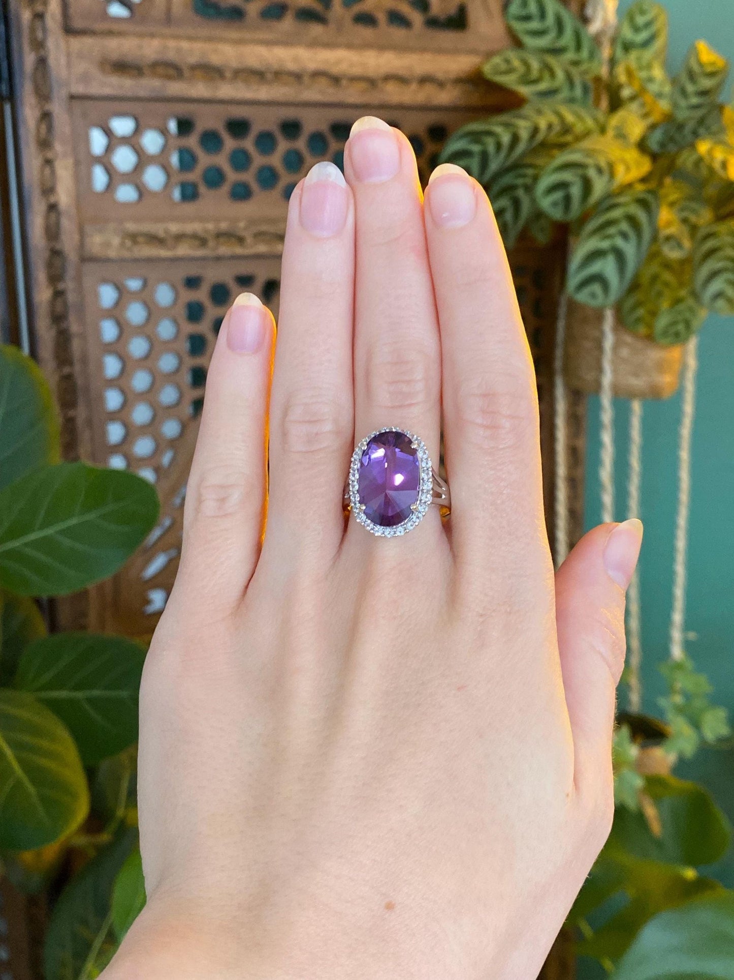 Vintage Solid 14k White Gold Clear Spinel Halo Amethyst Ring - Size 9