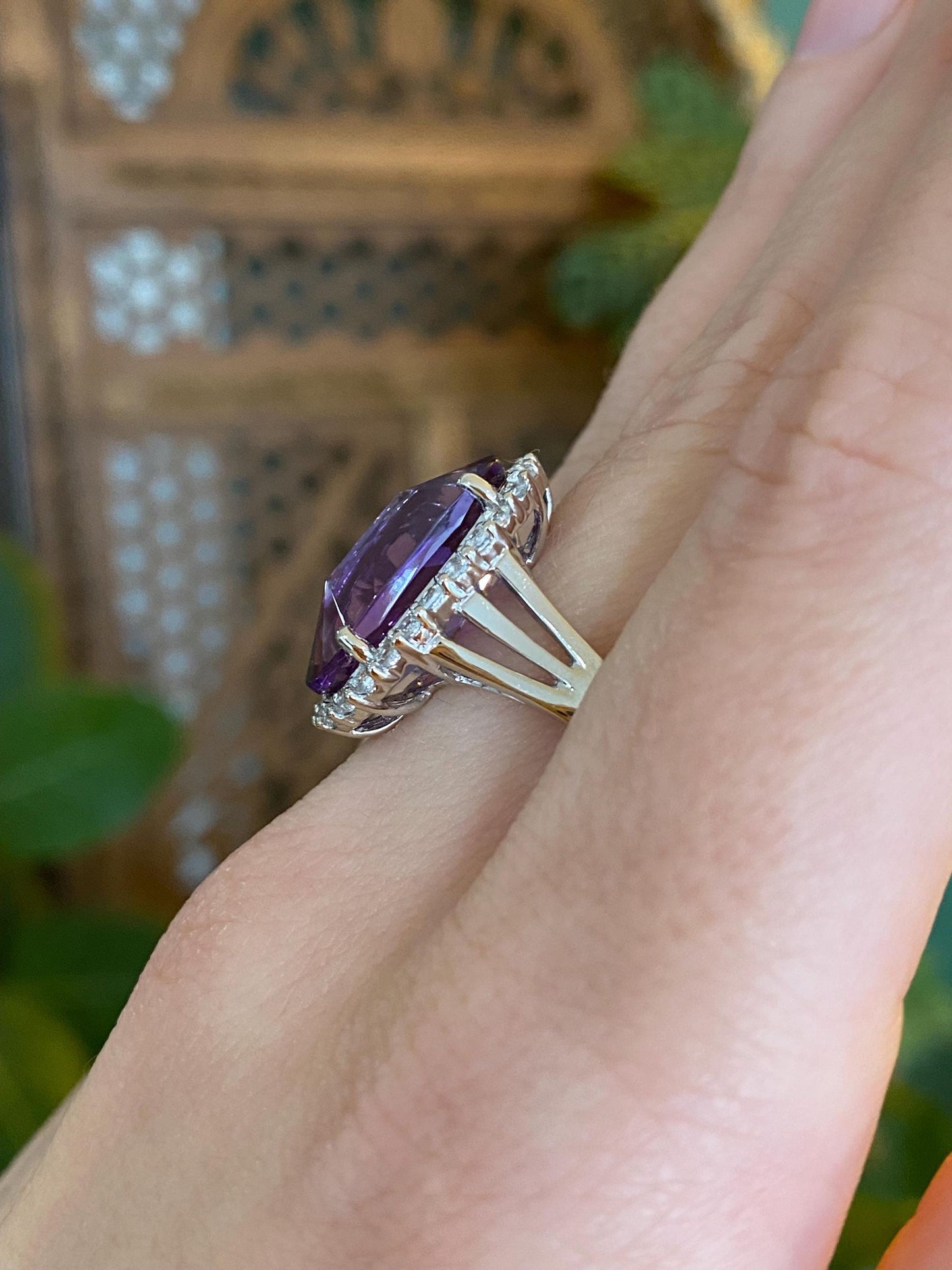 Vintage Solid 14k White Gold Clear Spinel Halo Amethyst Ring - Size 9