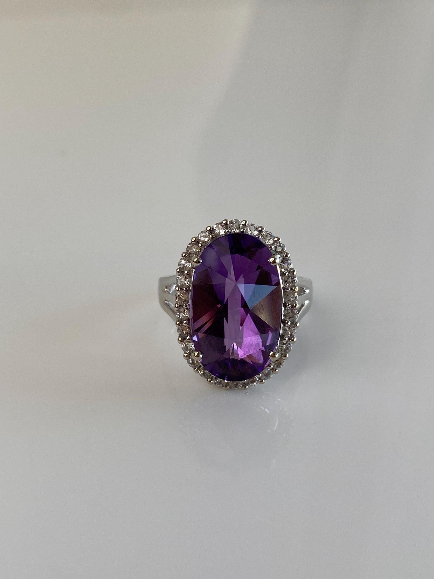 Vintage Solid 14k White Gold Clear Spinel Halo Amethyst Ring - Size 9