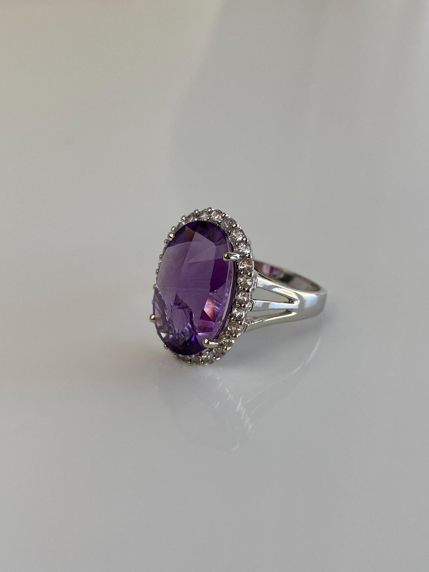 Vintage Solid 14k White Gold Clear Spinel Halo Amethyst Ring - Size 9