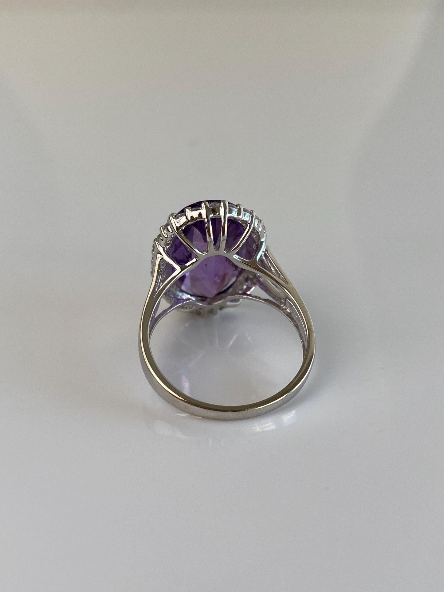 Vintage Solid 14k White Gold Clear Spinel Halo Amethyst Ring - Size 9