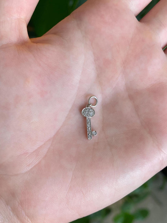 Vintage Solid 10k White Gold Diamond Key Charm