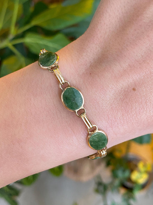 Vintage Solid 14k Yellow Gold Jade Link Bracelet - 6.5 Inches