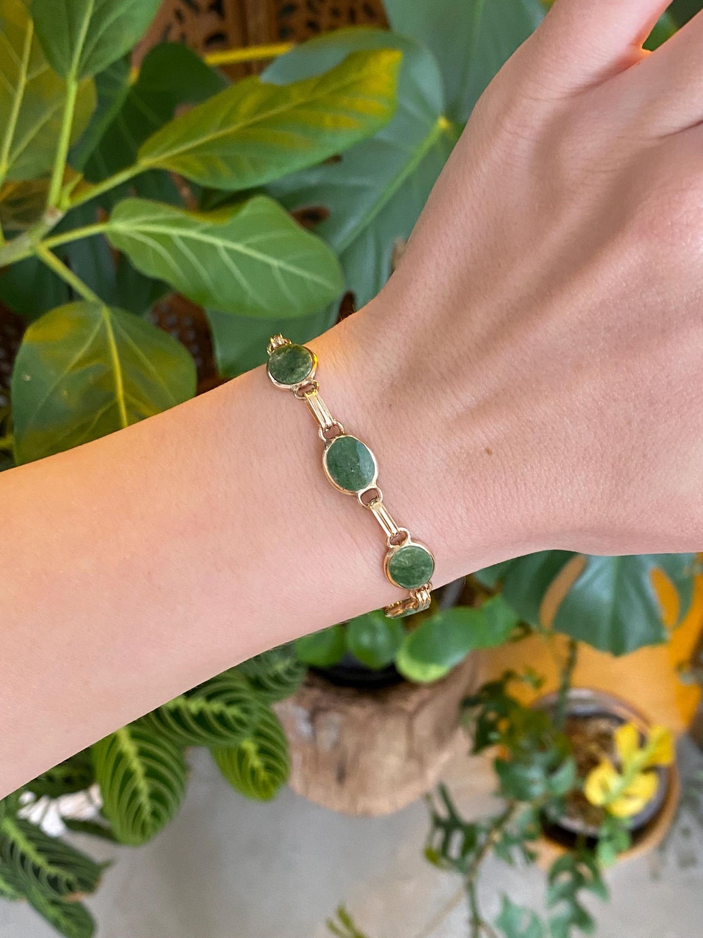 Vintage Solid 14k Yellow Gold Jade Link Bracelet - 6.5 Inches