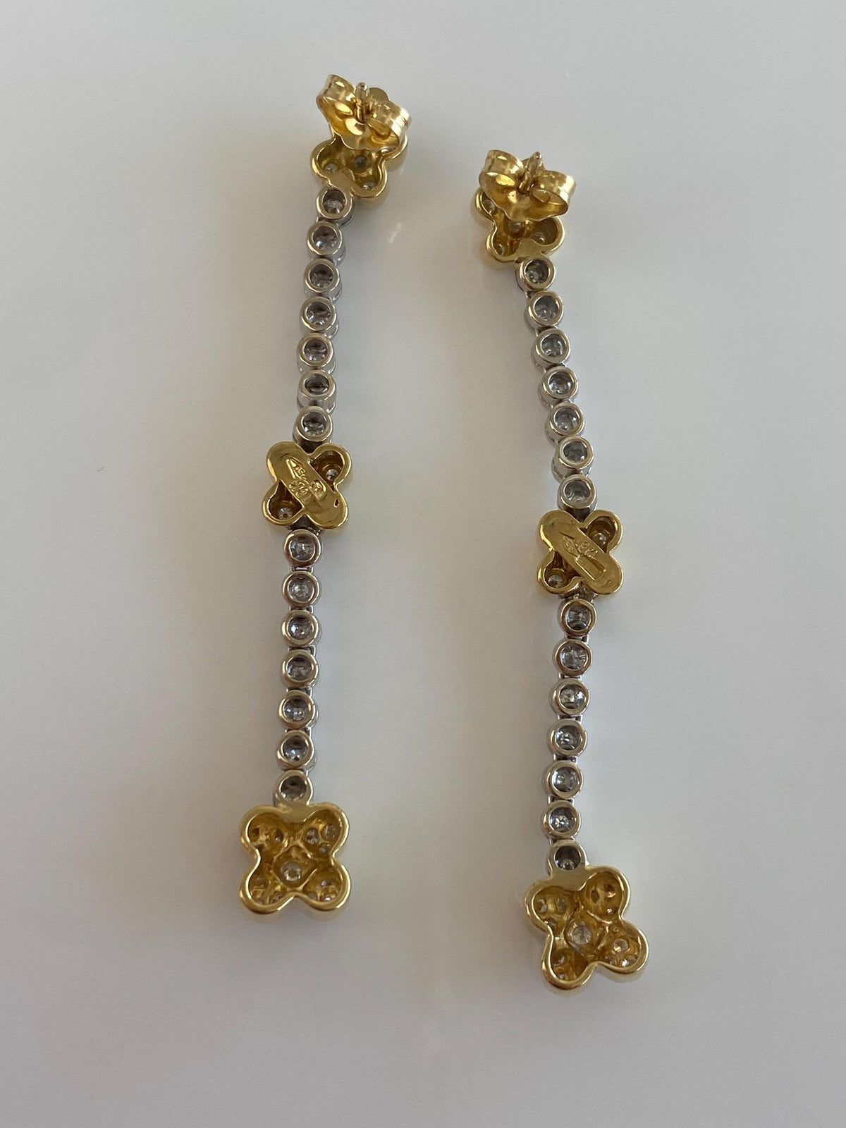 Vintage Solid 18k White & Yellow Gold Diamonds Flowers Dangle Earrings