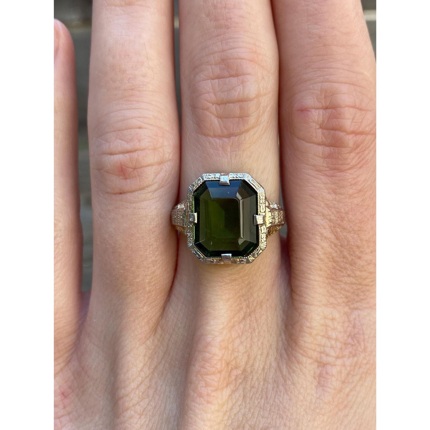 Vintage Solid 14k White & Yellow Gold Green Cubic Zirconia Art Deco Ring - Size 5