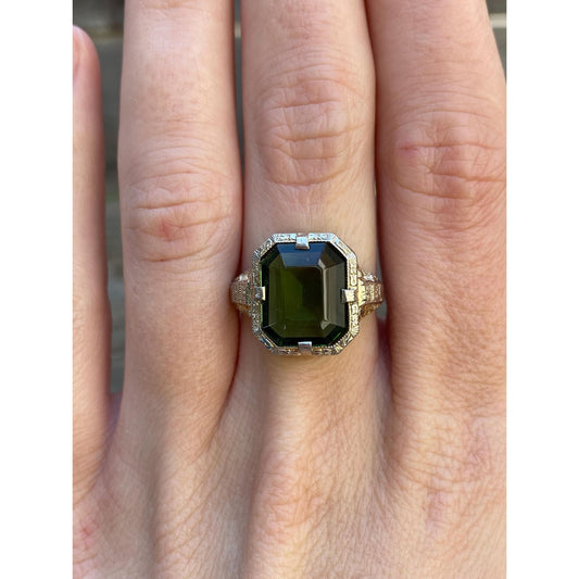 Vintage Solid 14k White & Yellow Gold Green Cubic Zirconia Art Deco Ring - Size 5