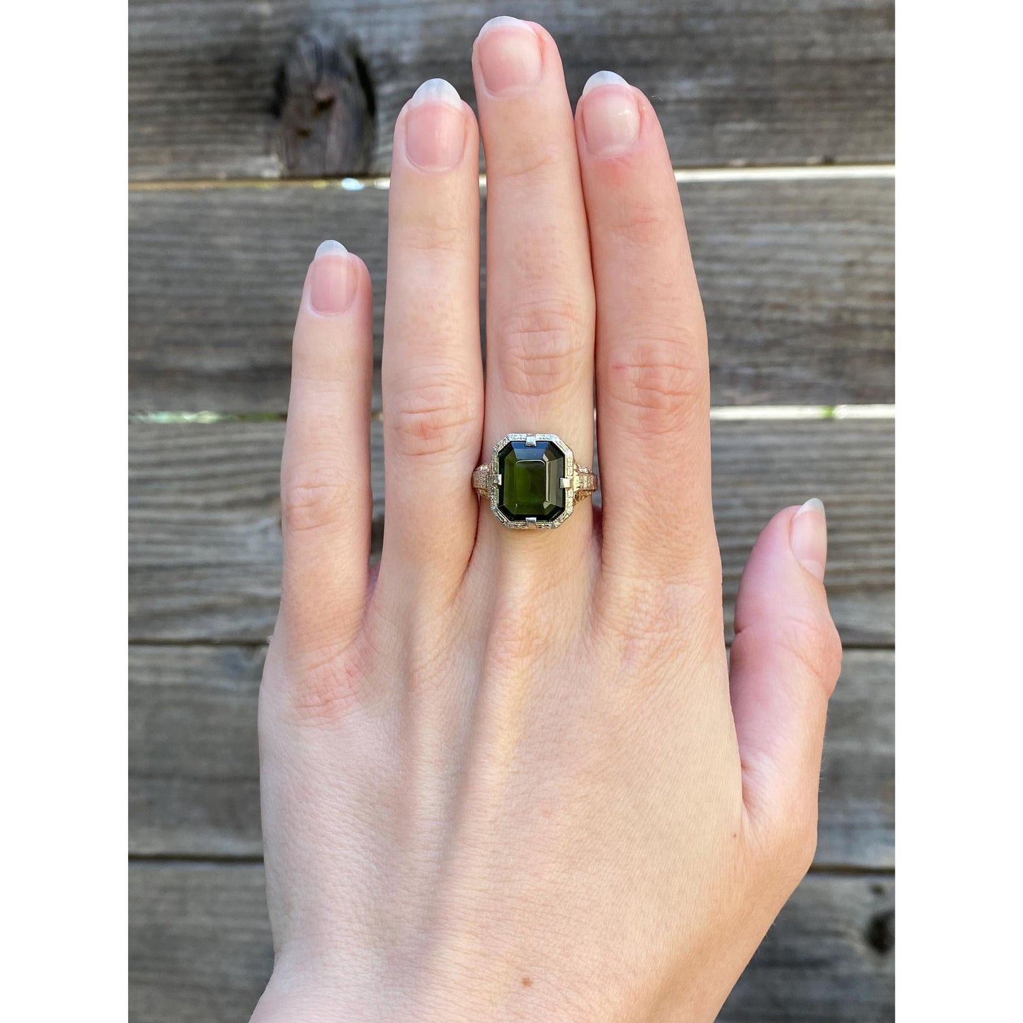 Vintage Solid 14k White & Yellow Gold Green Cubic Zirconia Art Deco Ring - Size 5