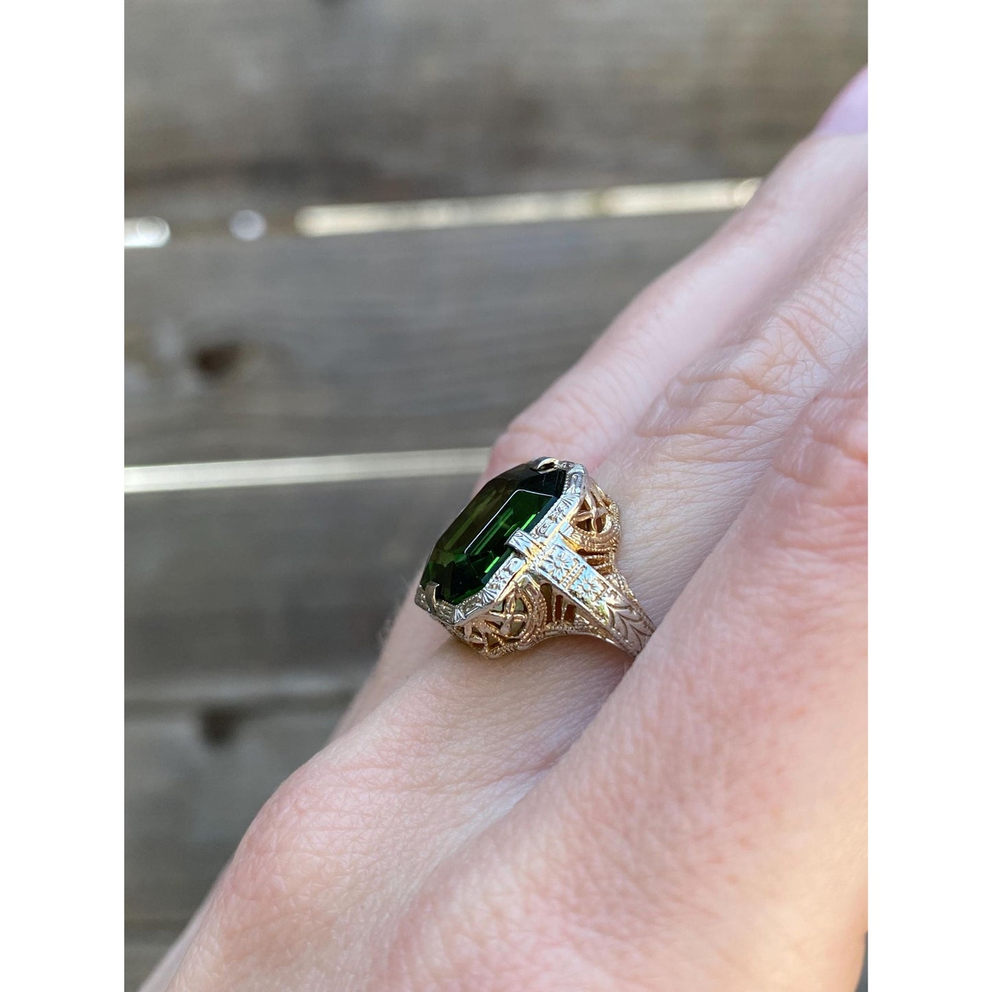 Vintage Solid 14k White & Yellow Gold Green Cubic Zirconia Art Deco Ring - Size 5