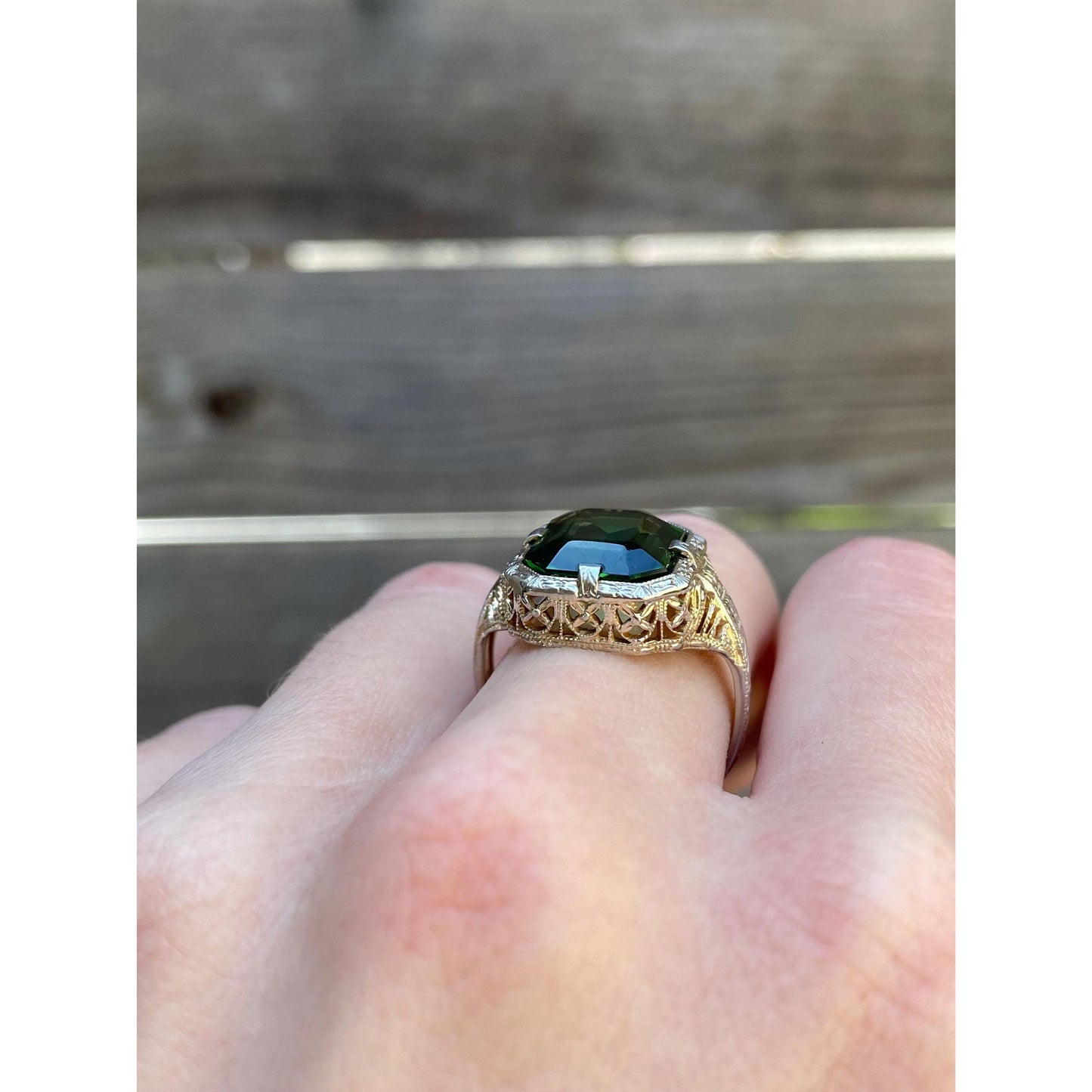 Vintage Solid 14k White & Yellow Gold Green Cubic Zirconia Art Deco Ring - Size 5